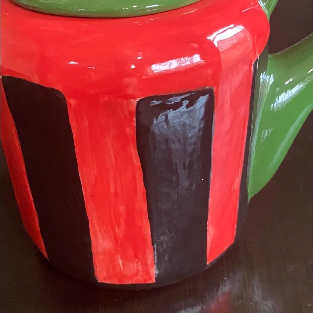 Whimsical Red and Green Ceramic Handpainted Teapot with Bamboo Handle.